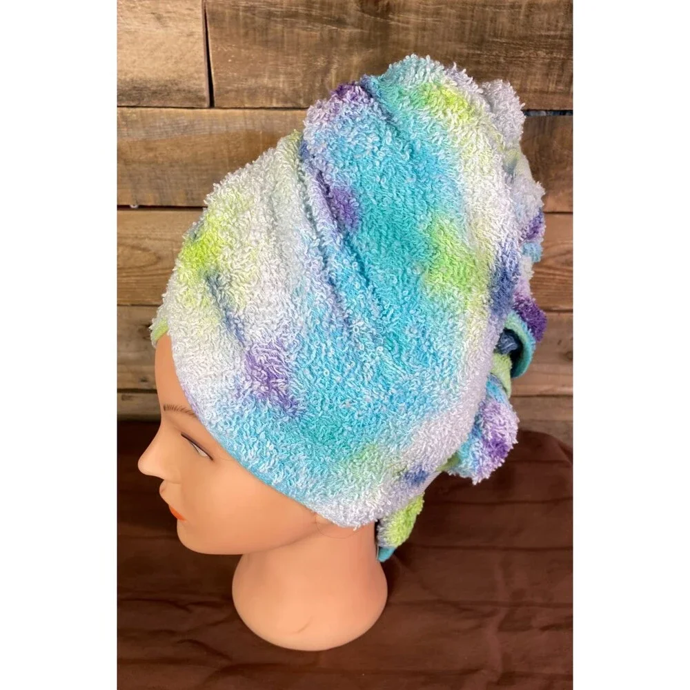 Tie Dye Hair Wrap Towel Soft 100% Cotton Teal Purple Yellow Handmade 20X40 in